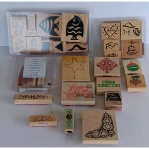 Stampin Up & Unbranded Rubber Wood Mounted New & Used Stamps Lot of 34 Stamps